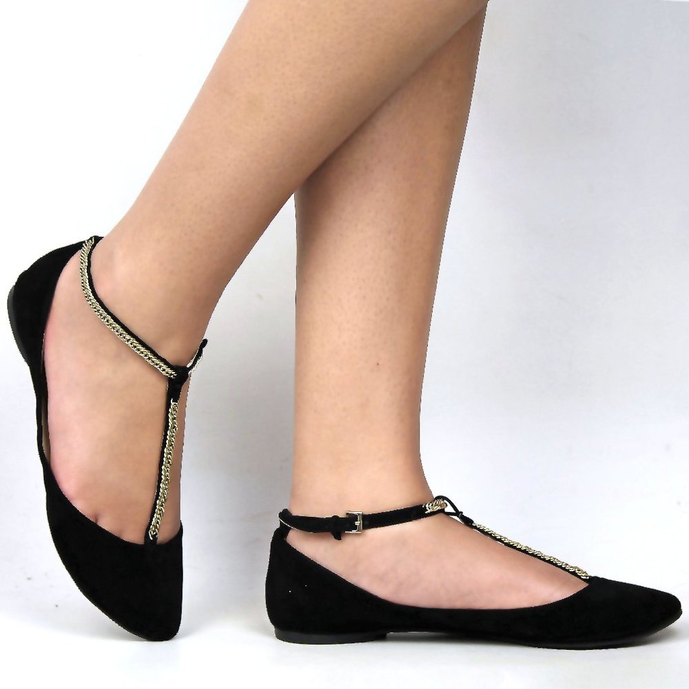 New Black Gold Chain T-strap Ballet Flats - Picture 2 of 2